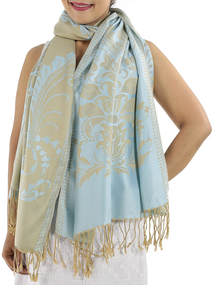 Patterned Pashmina Shawls, Silvery Blue