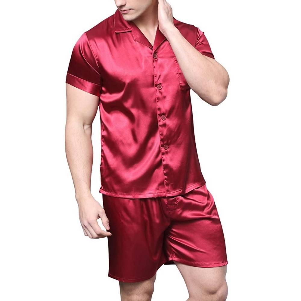 Mens Satin Pyjamas Set, Red, Large