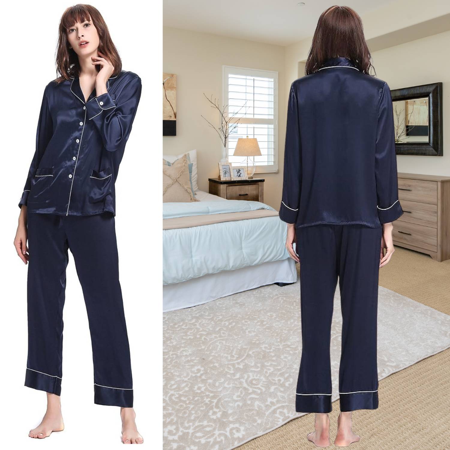 Mulberry Silk Long Pyjama Set, Blue, Small