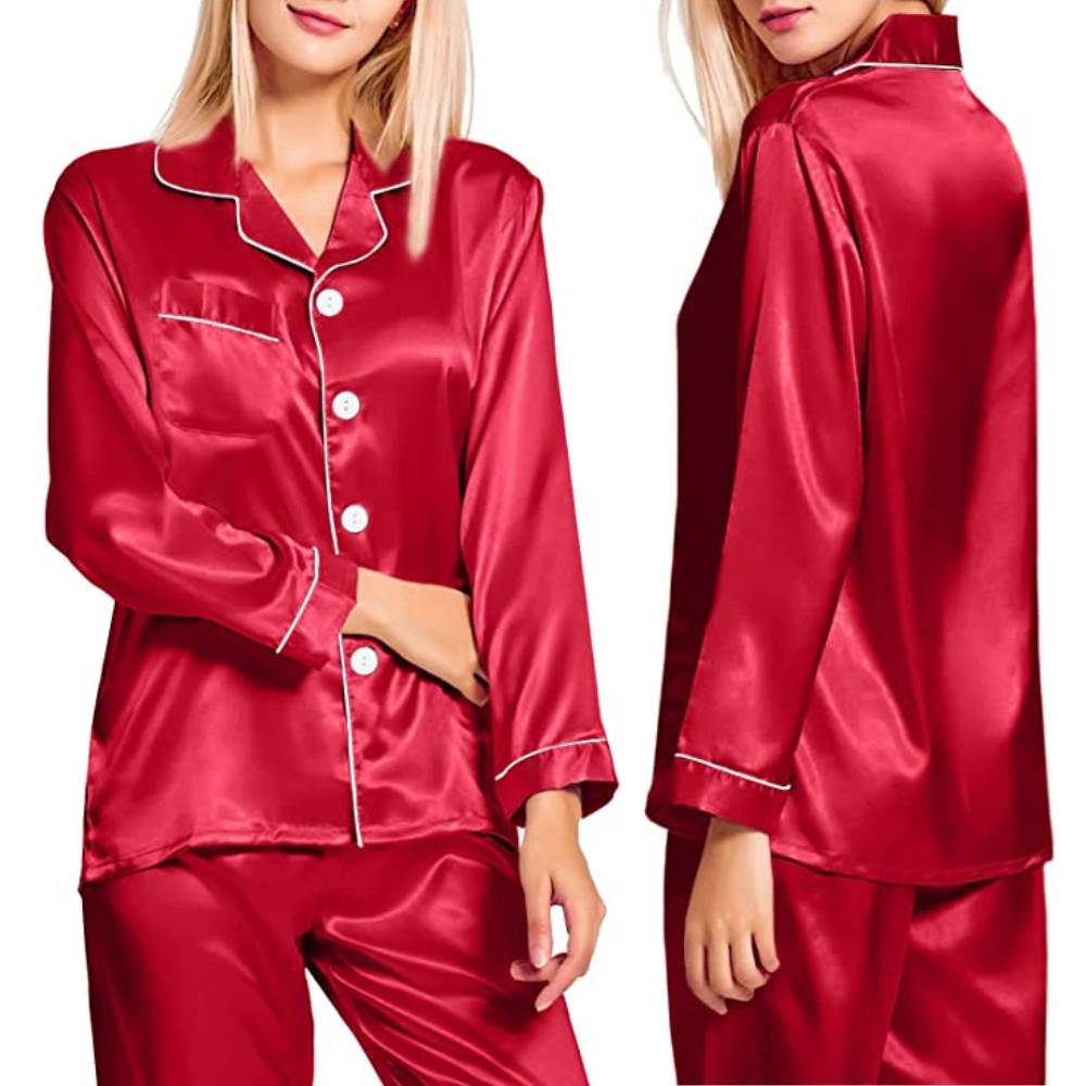 Satin Silk Long PJ Set, Red, Extra Large