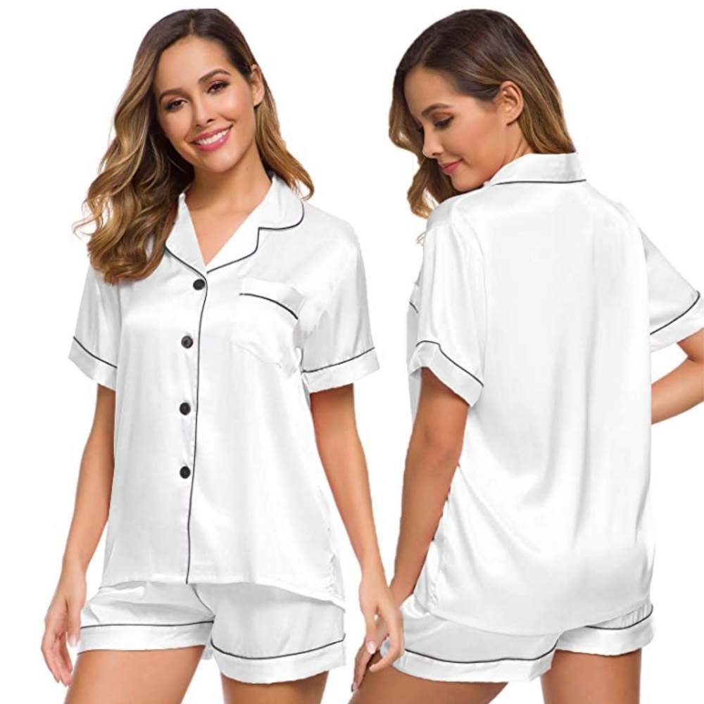 Womens Silk Satin Pyjamas, White, Large